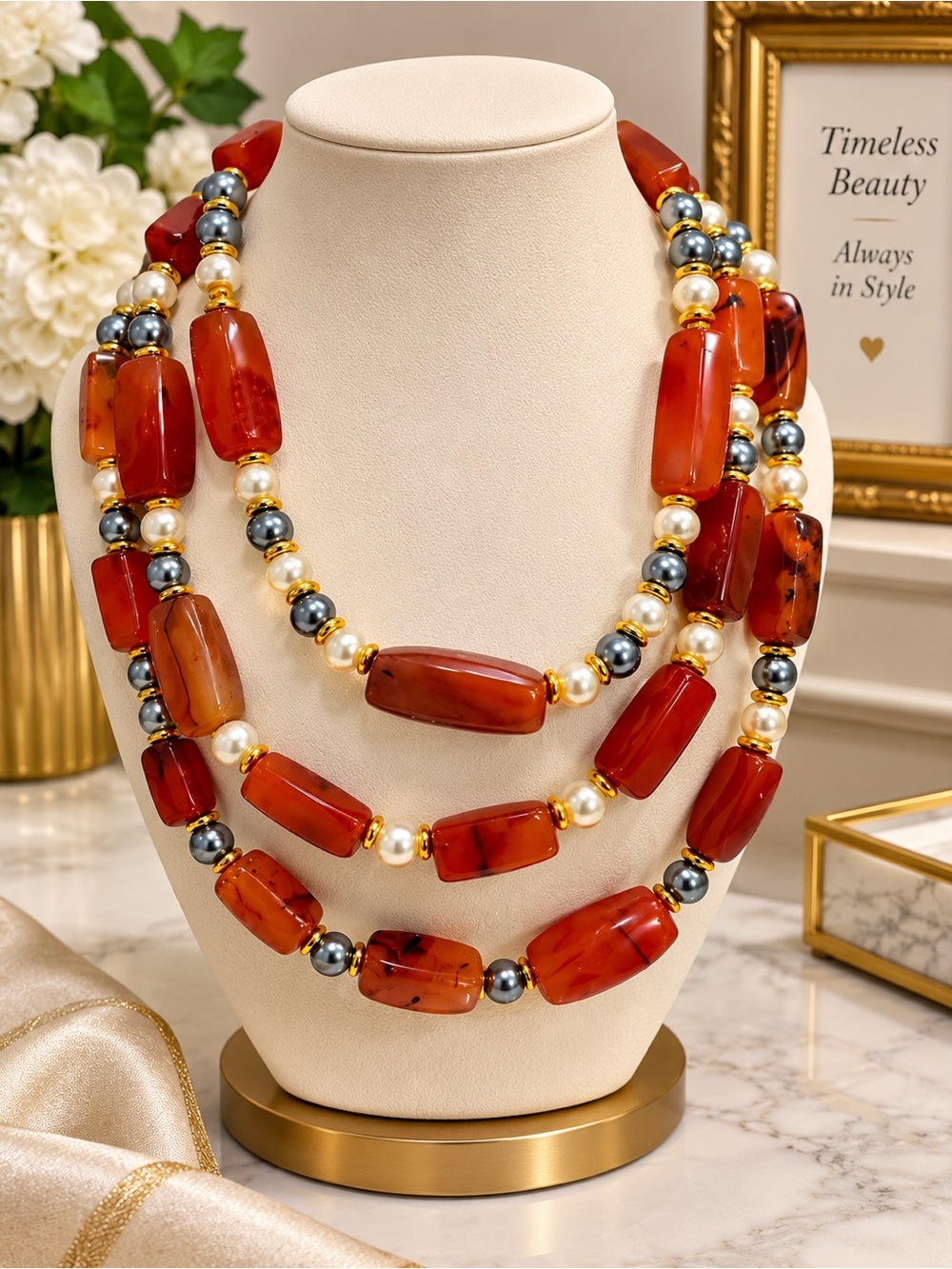 African Trade Bead & Agate Statement Necklace